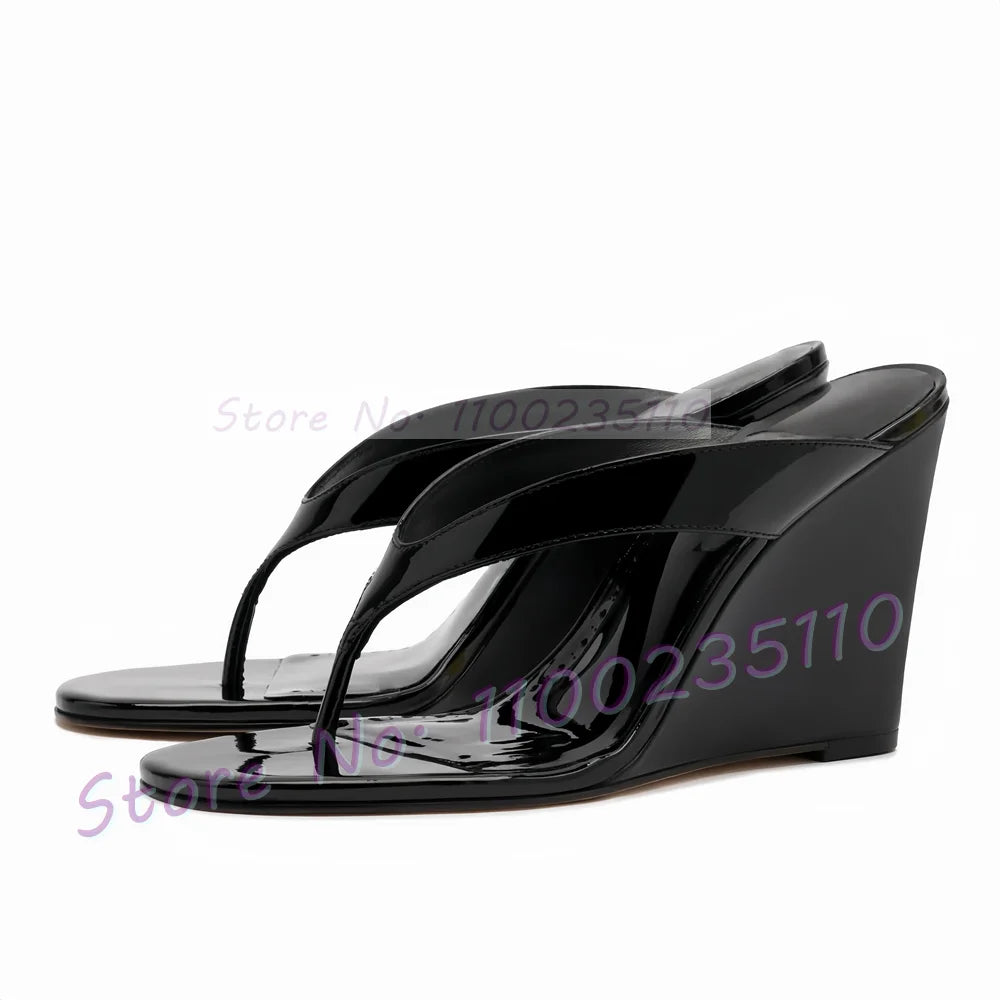 Glossy Patent Leather Thong Mules With Wedge Heel For Women