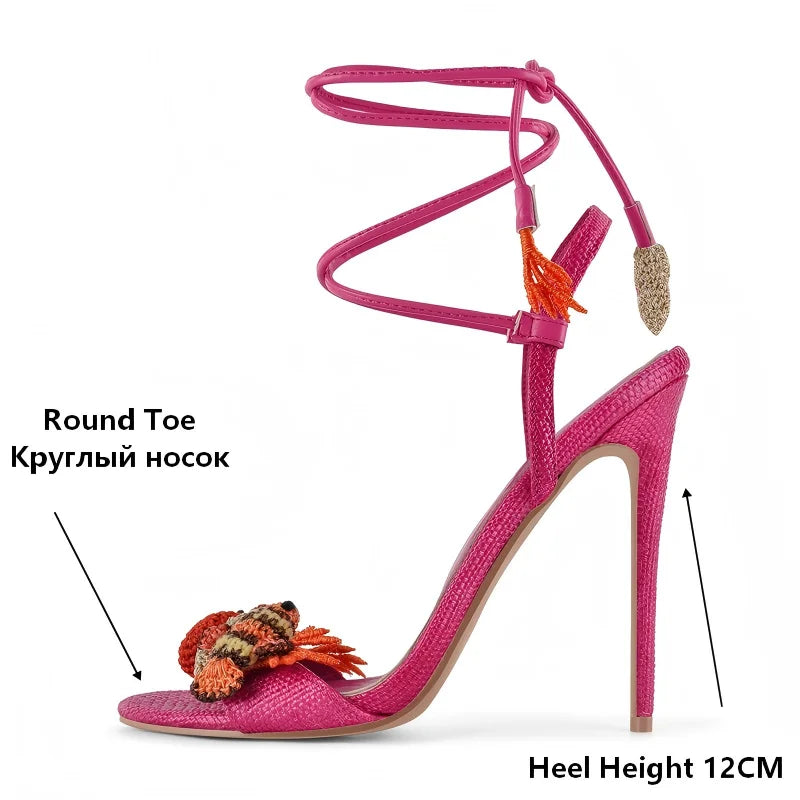 Pink Lace-Up Ankle Wrap Stiletto Sandals for Women