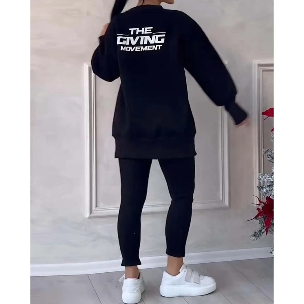 Sporty O-neck Long Sleeve Asymmetrical Sweatshirt & Skinny Pants Set Two Piece Outfits Tracksuit Sets Fall Clothing