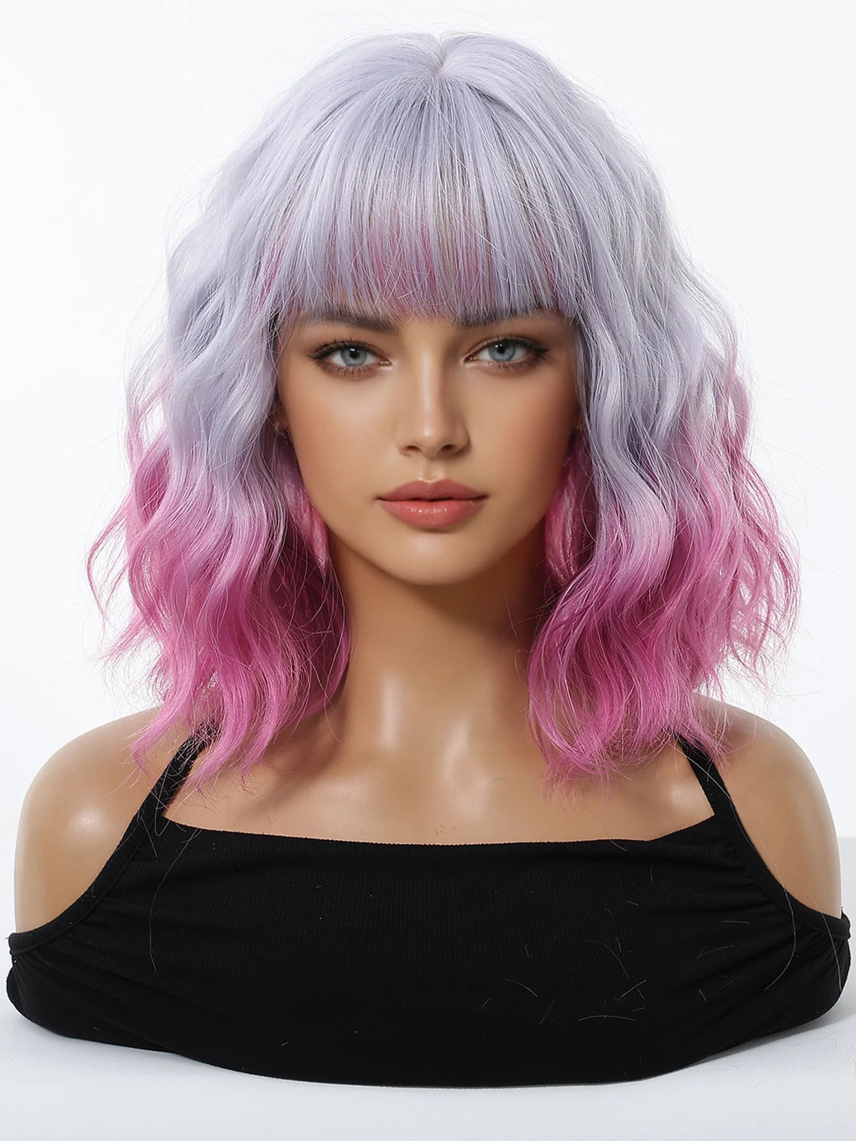 Pink Purple Ombre Curly Synthetic Wig With Bangs for Women