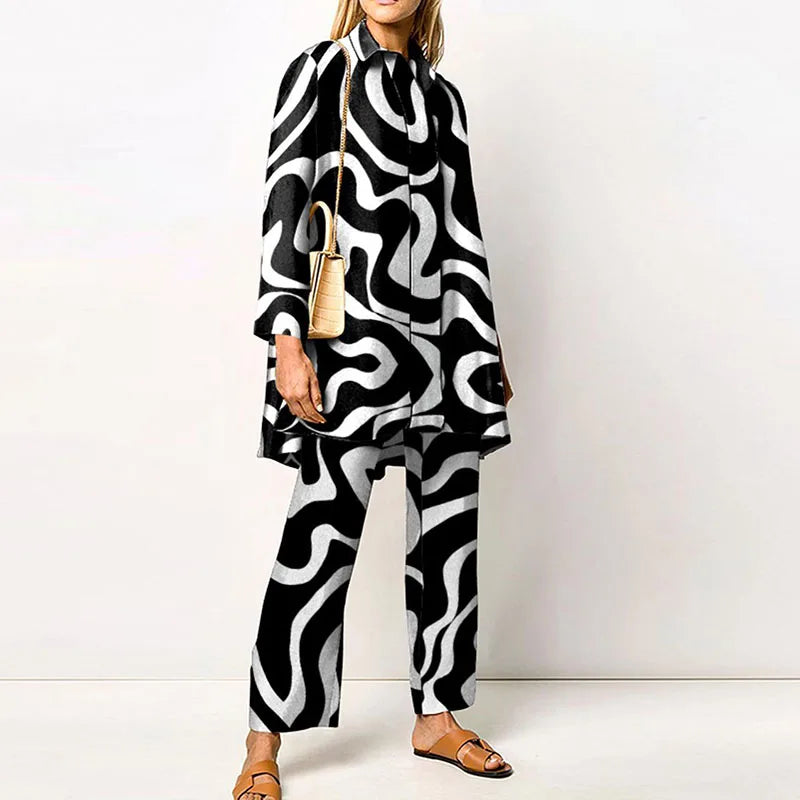 2022 Sets Womens Outfits Elegant Loungewear Print Spring Autumn 2PCS Ladies Suit Long Sleeve Wide Leg Pants Loose Fit Streetwear