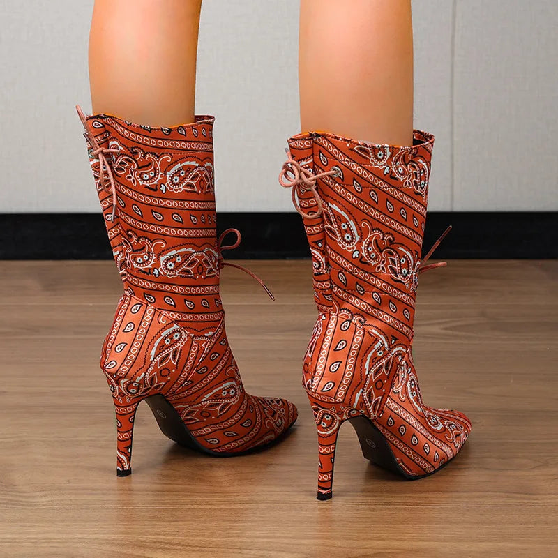 Camouflage Pointed Toe High Heel Mid-Calf Boots for Women