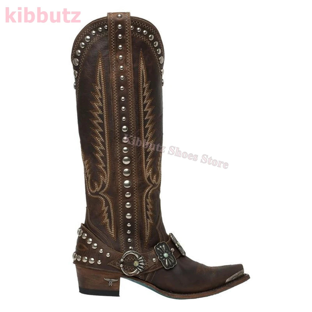 Cowboy Boots Knee High Rivet Leather Fashion Luxury Concise Elegant Sexy Pointed Toe Square Heels Side Zipper Women Shoes Newest