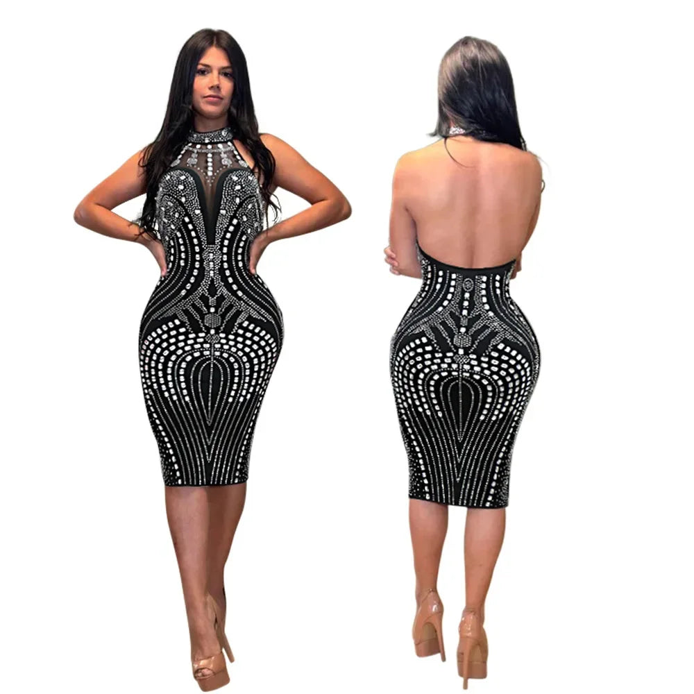 Rhinestone Embellished Sleeveless Bodycon Midi Dress for Women