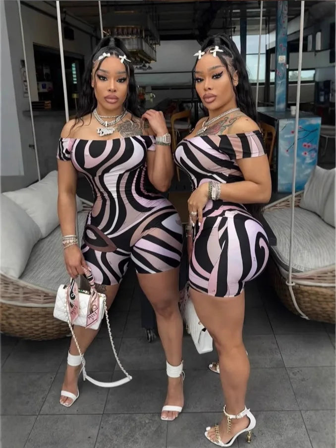FAGADOER Sexy Stripe Print Bodycon Romper Women Off Showlder Backless One-piece Jumpsuits Hot Girl Streetwear Overalls 2025 New
