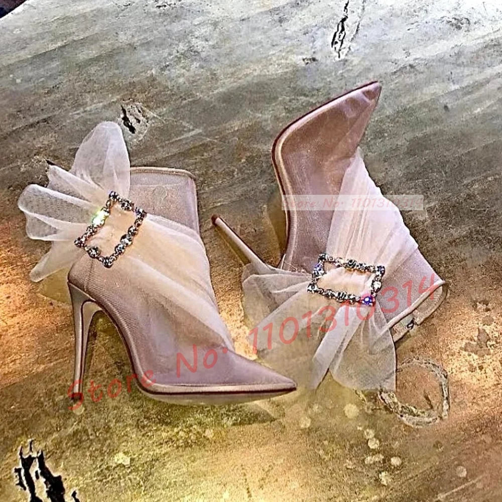 See Through Mesh Crystal Buckle Ankle Booties for Women