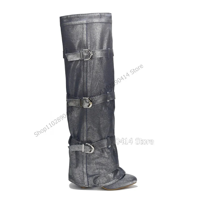 Black Pointed Toe Knee High Boots With Side Zipper For Women
