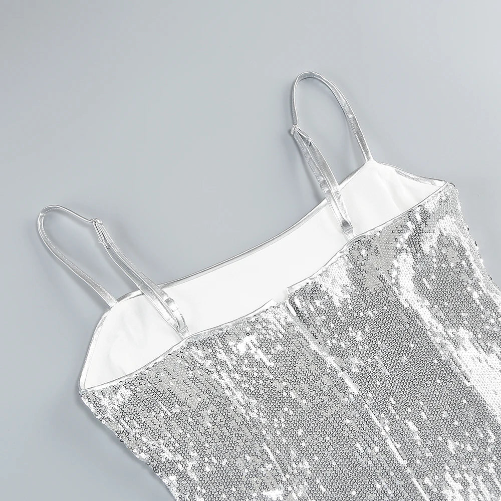 Glamorous Women's Silver Sequin Spaghetti Slip Mini Dress with Ruffled Hem Shiny Flower Party Night Club and Special Occasion