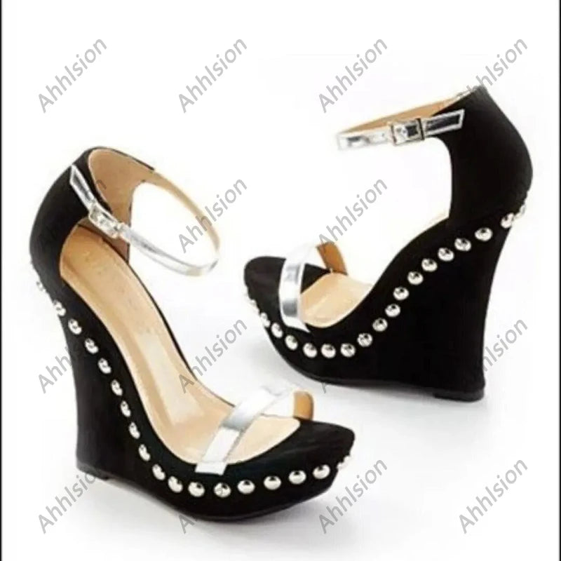 Black Round Toe Studded Wedge Heel Sandals for Women
