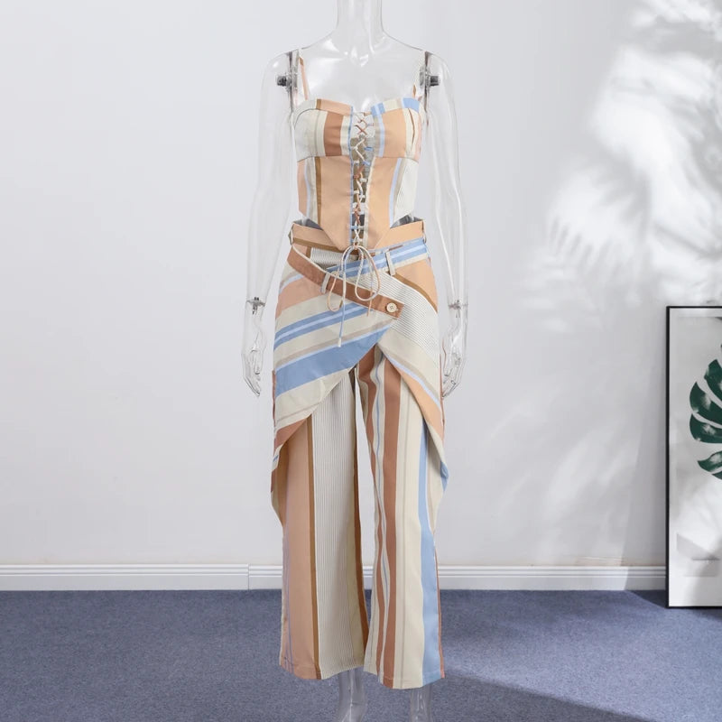 Striped Patchwork Vest and Asymmetric Trousers Set for Women