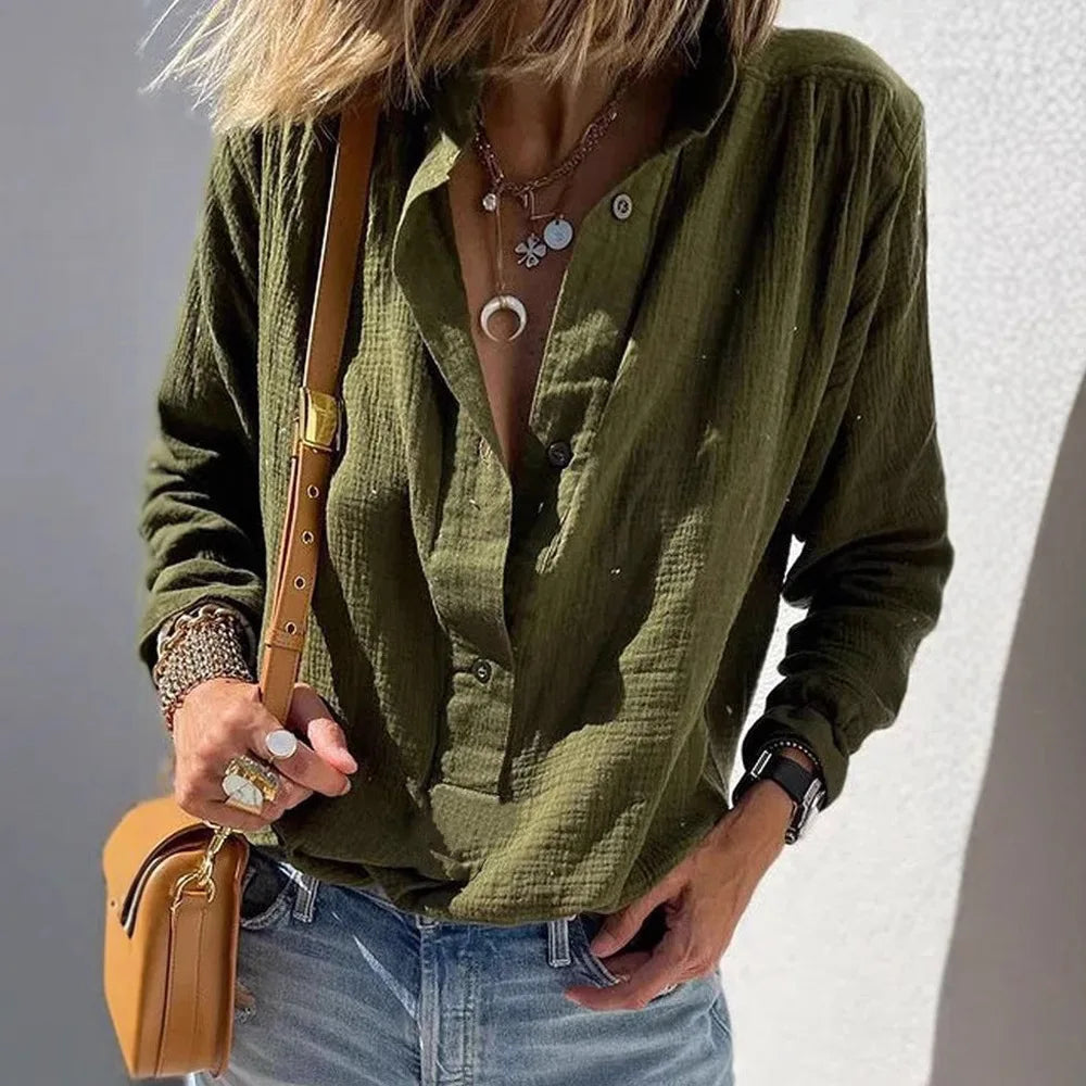 Long-sleeved cotton and linen women's shirt 2025 autumn loose single-breasted lapel casual shirt, office women's clothes