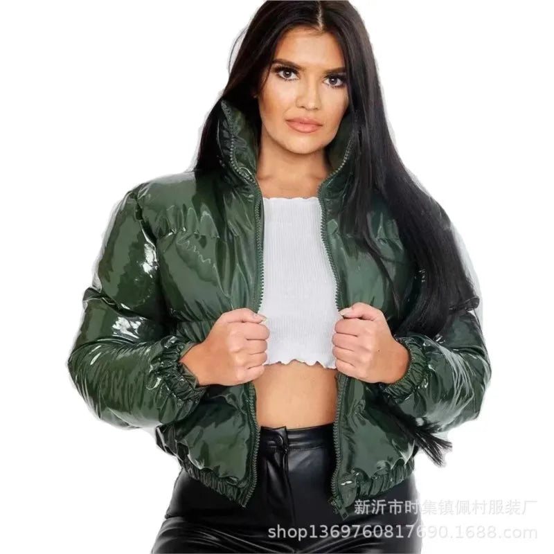 Shiny High Neck Cropped Winter Puffer Jacket for Women