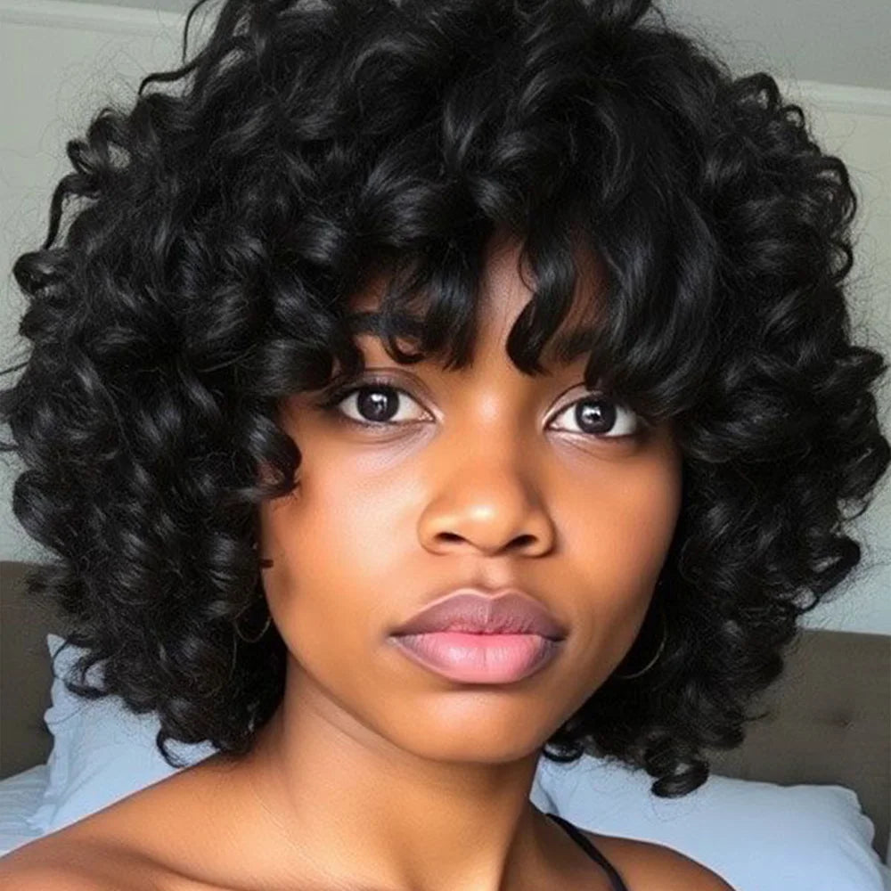 Brazilian Human Hair Egg Curl Pixie Cut Wig with Bangs for Women