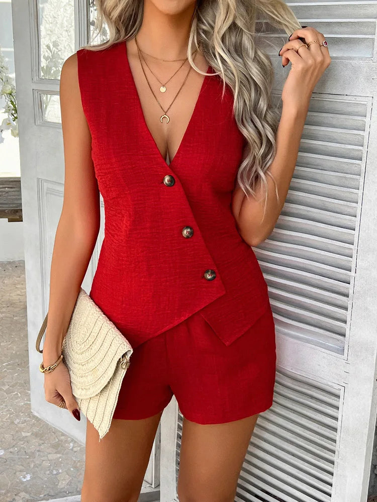 Summer Sleeveless Vest Top and High Waist Shorts Set for Women