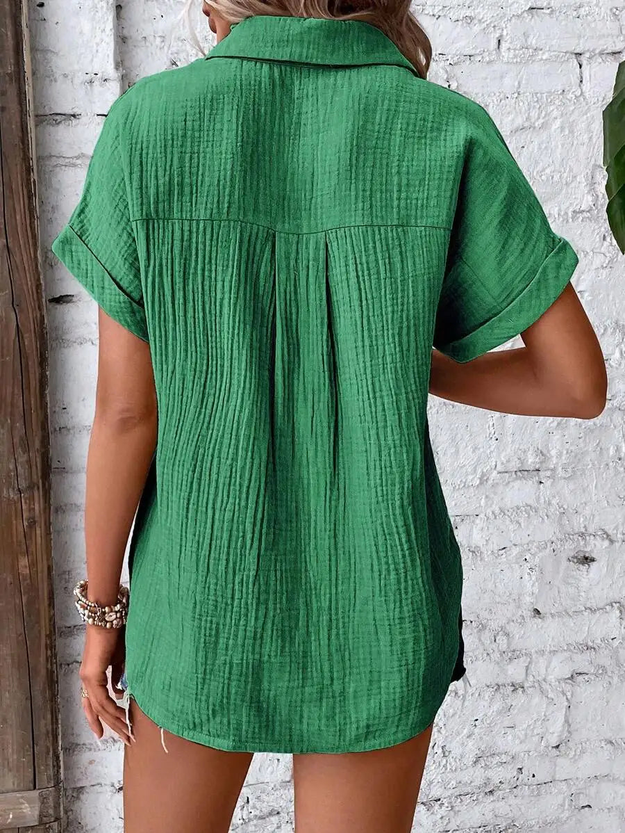Short Sleeve Cotton Button Down Blouse With Pockets for Women