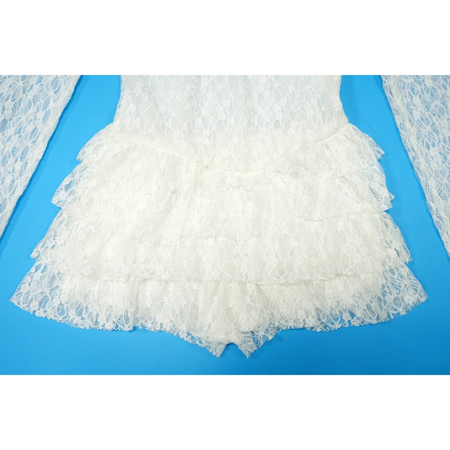 FAGADOER Sexy Lace Ruffle Patchwork Bodycon Romper Woman See Through Long Sleeves One Piece Jumpsuits Female Nightclub Overalls