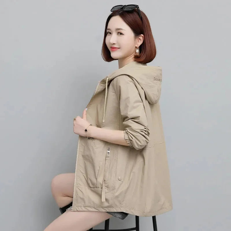 Lining Hooded Coat Female Spring And Autumn Temperament Short Jacket Casual Short Trench Coat Female Hooded Outwear Khaki
