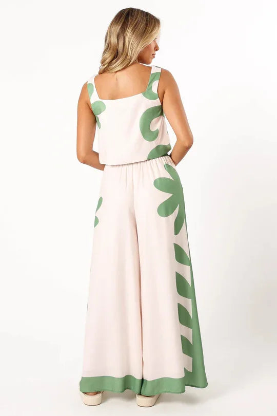 Casual Summer Print High Waist Wide Leg Two Piece Set for Women