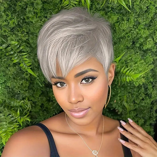 Grey Short Pixie Cut Wig Human Hair Short Layered Pixie Wig For Women 6 Inch Straight Grey Full Machine Made Human hair Wig