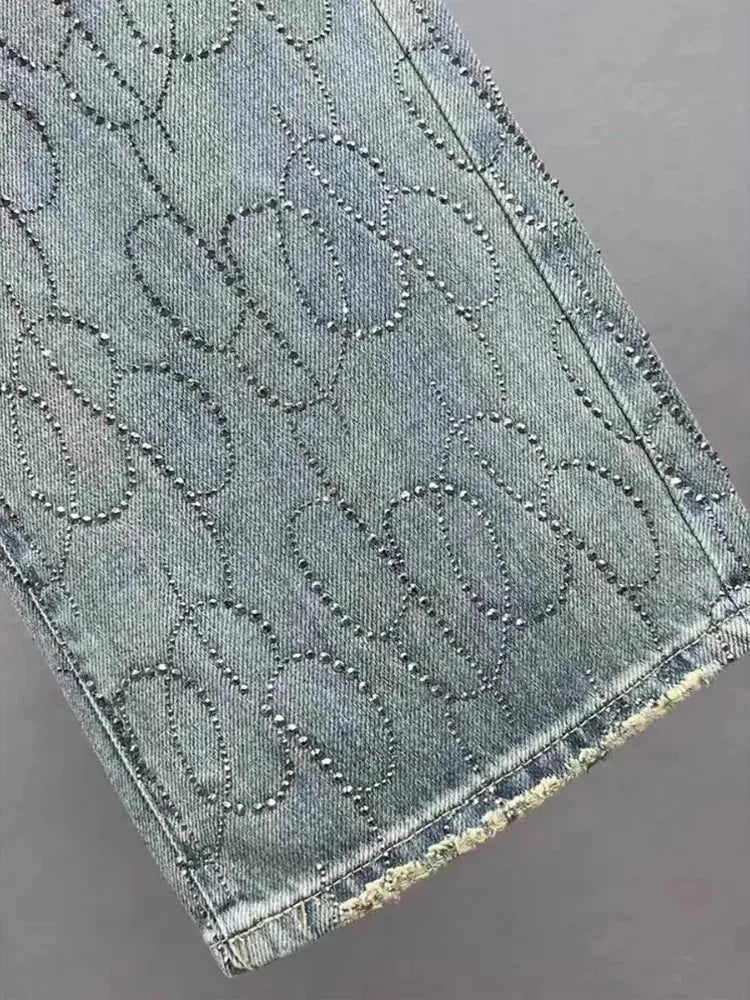 Shiny Diamond Accent High Waist Wide Leg Denim Jeans for Women