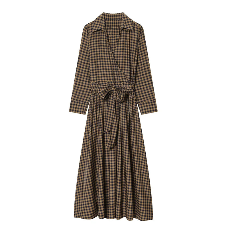 Elegant Plaid Women's Long Dresses Loose Tie Up Bow Laple Full Sleeve A-line Dress For Woman 2026 Spring New Lady Party Robes
