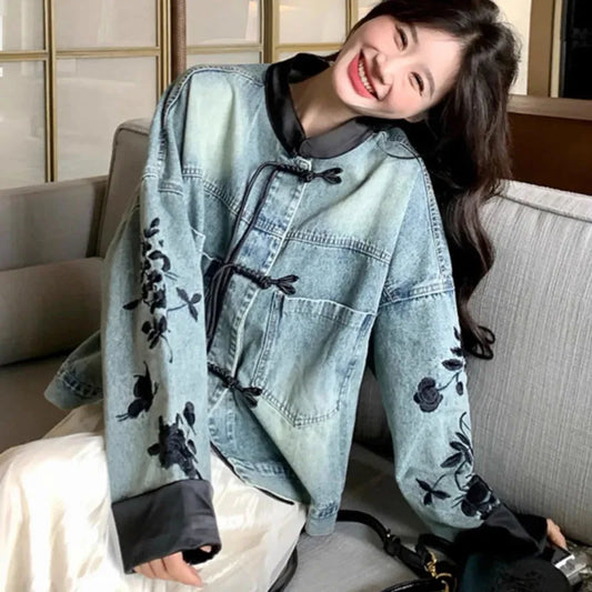 Plus Size Embroidered Denim Jacket
