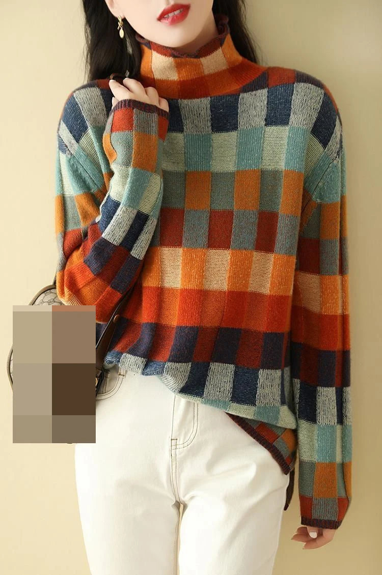 Cozy Thick Knit Turtleneck Sweater With Plaid Pattern For Women