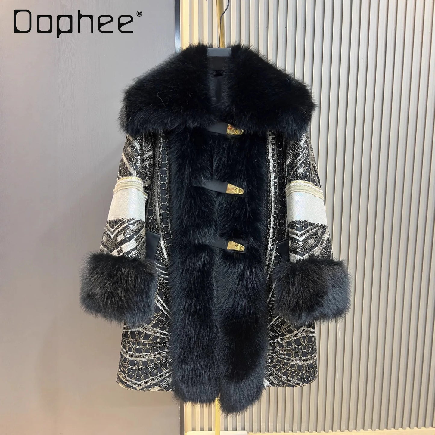 Faux Fox Fur Coat With Sequined Collar