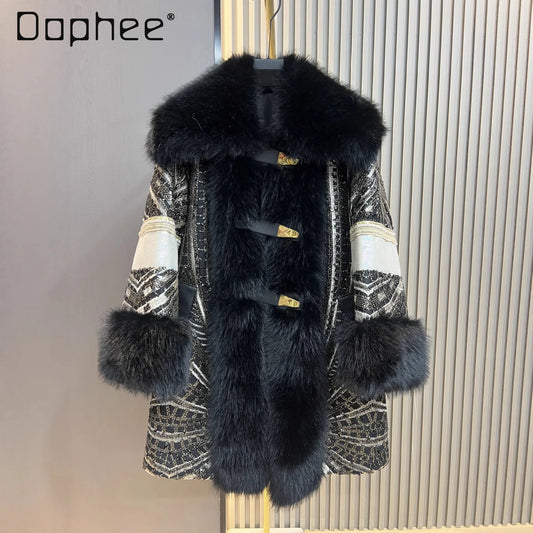 Faux Fox Fur Coat With Sequined Collar