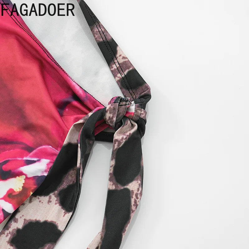 FAGADOER Sexy Leopard Floral Print Two Piece Outfits Woman Skew Collar Bandage Tank Tops + Skinny Pants Matching Streetwear New