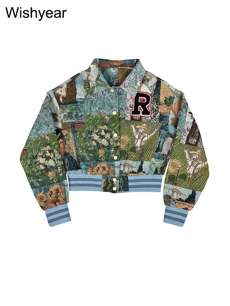 Vintage Print Button Up Baseball Jacket for Women