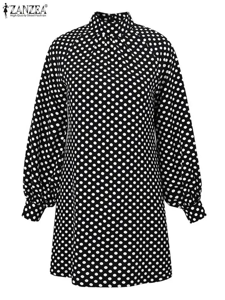 ZANZEA Bohemian Printed Vestidos 2024 Women Turtleneck Dresses Casual Zipper Mini Sundress Fashion Lantern Long Sleeve Robe