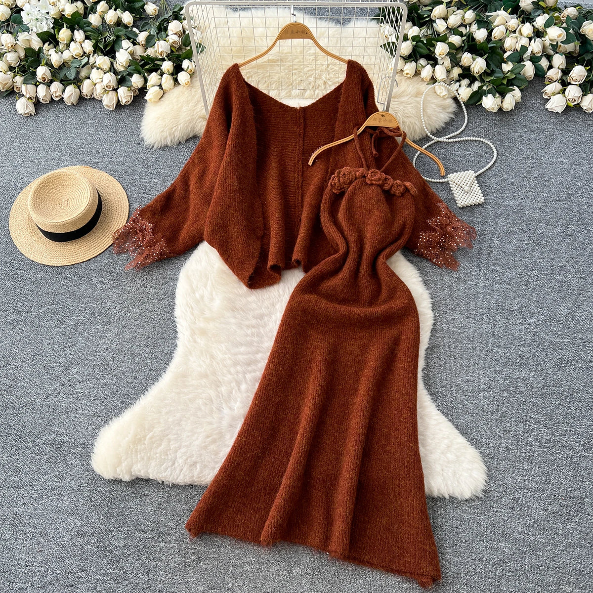 Lace Trim Knit Cardigan and Floral Halter Dress Set for Women