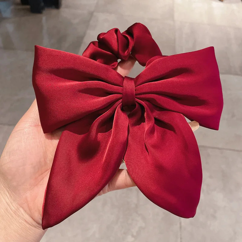 Vintage Red Satin Bow Elastic Hair Bands for Women