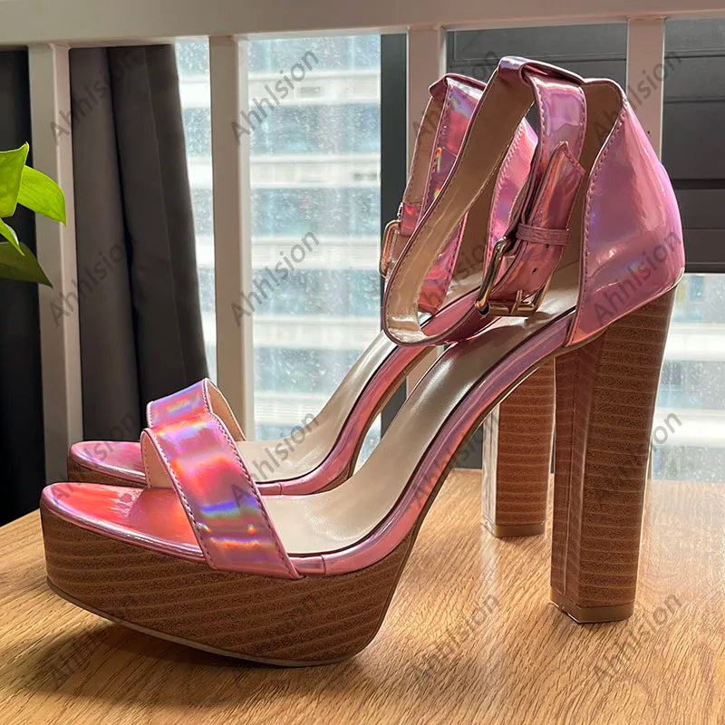 Silver Open Toe Platform Sandals With Square Heels For Women