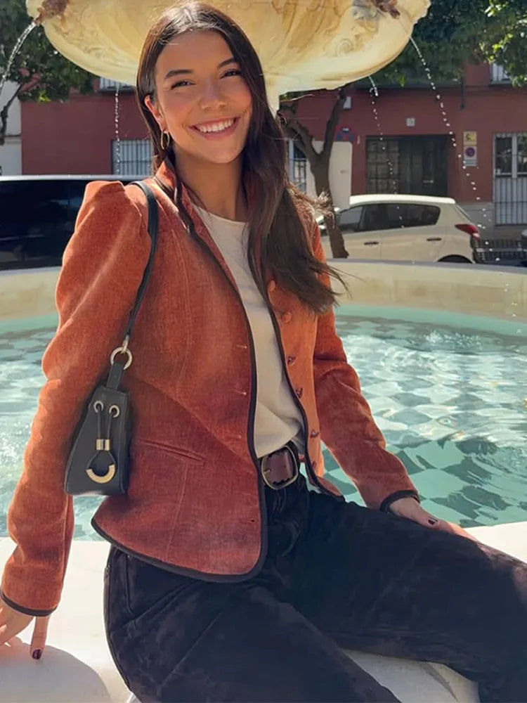 Slim Stand Collar Single-Breasted Short Jacket for Women