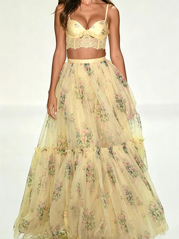 Printed Spaghetti Strap Top and Maxi Skirt Set for Women