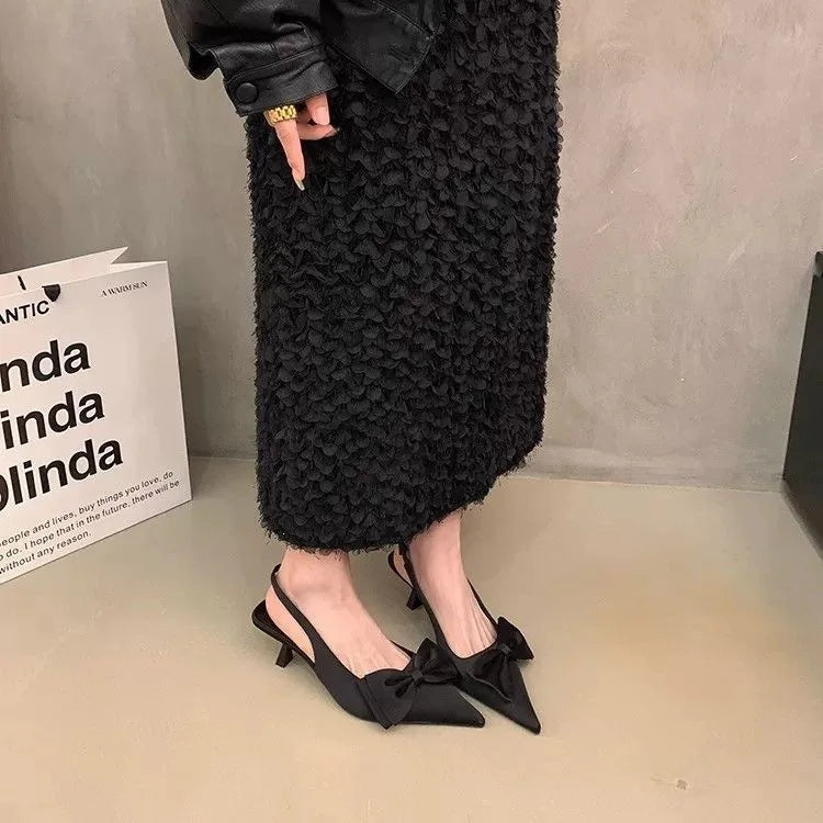Black Pointed Toe Bow Slingback Heels