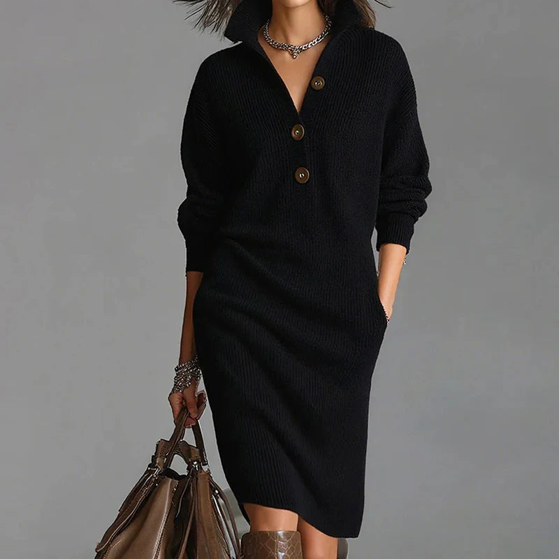 Turn-Down Collar Simple Sweater Dress, Women Autumn Winter Long Sleeve Chic Party Dress, New Solid Patchwork Casual Ladies Dress