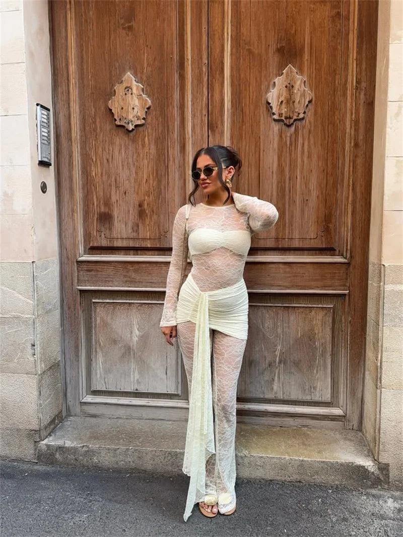 Lace Mesh Ruched Draped Jumpsuit