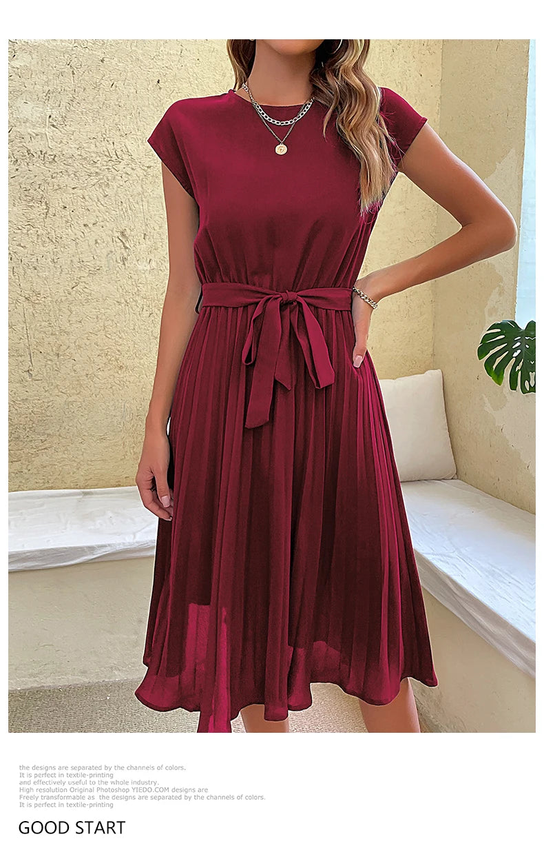 Chic Casual Pleated Short Sleeve Midi Dress for Women