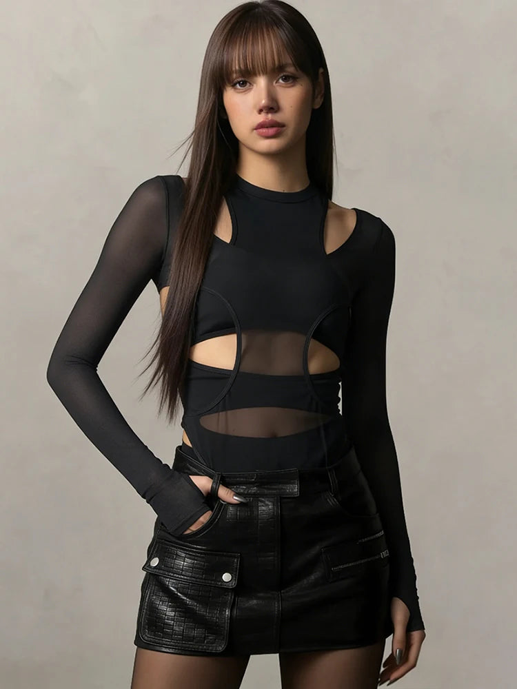 Mesh Patchwork Bodysuit With Long Sleeves for Women