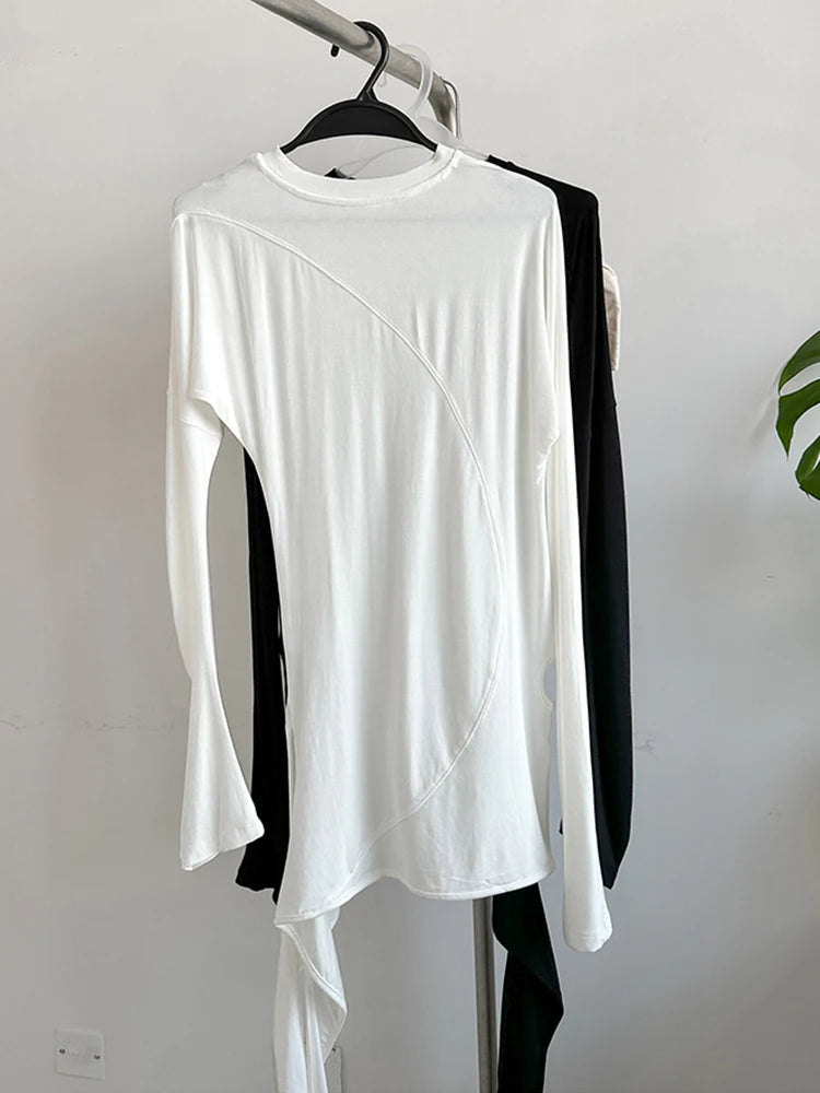 [EAM] Women White Irregular Hem Elegant Long Slim T-shirt New Round Neck Long Sleeve Fashion Tide Spring Autumn 2025 1DJ0097