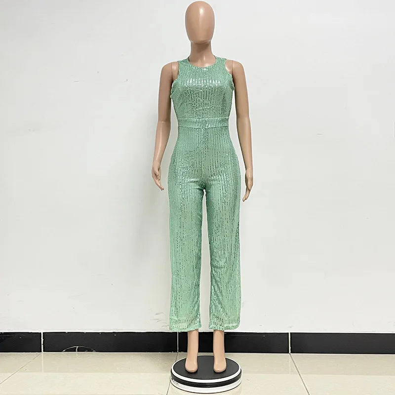 Elegant Silver Sequined Straight Cut Jumpsuit for Women