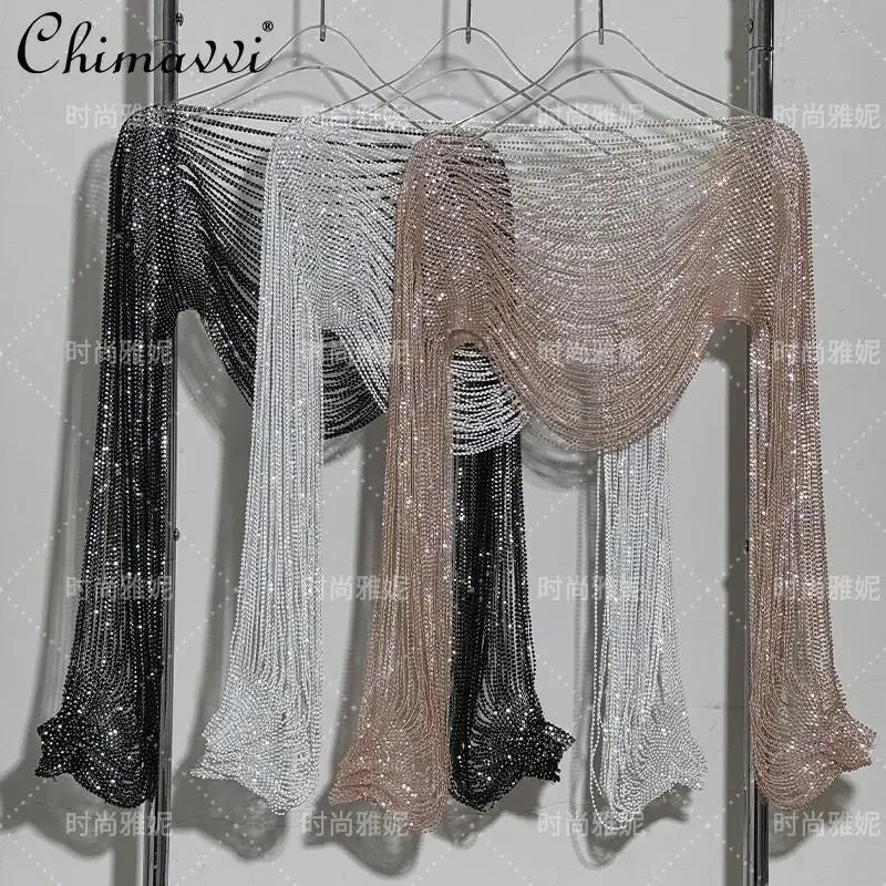 Fashion Heavy Diamond Shawl Bust Long Sleeve Top Sexy Girl Evening Dress V-Neck Slim Hip Wrap Tassel Suspender Dress 2-piece Set