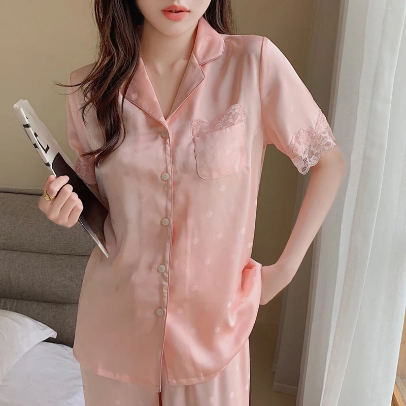 Y2k Pink Sweet Dot Lace Jacquard Women Pajamas French Romantic Lazy Lady Nightgown 2024 New Summer Korean Harajuku Home 2pc Set