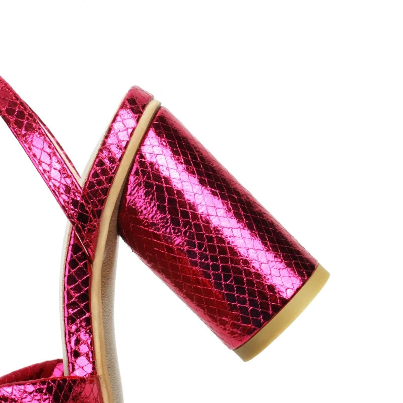 Metallic Block Heel Ankle Strap Sandals