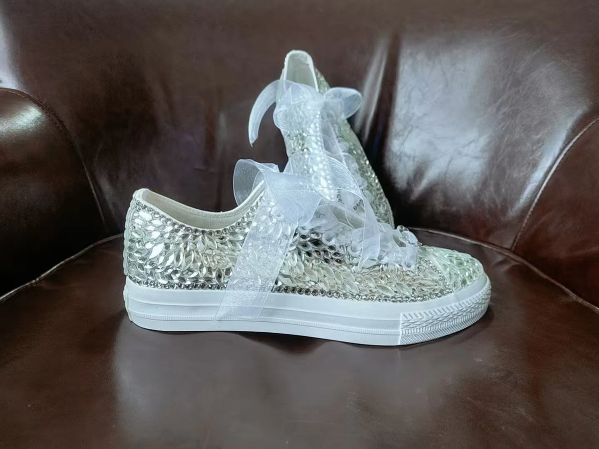 Sparkling Crystal Lace-Up Low Top Canvas Shoes for Women
