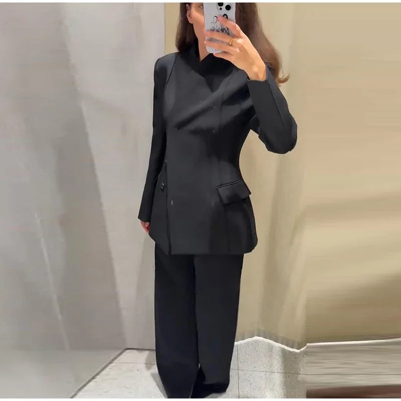 Women's Pant Set Office Elegant V-neck Full Sleeve Blazers High Waist Straight Pants Female Sets 2026 New Winter Woman Outfits