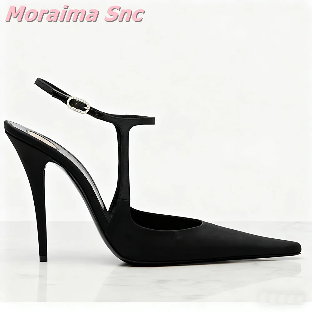 Black Satin Pointed Toe Ankle Strap Stiletto Sandals For Women